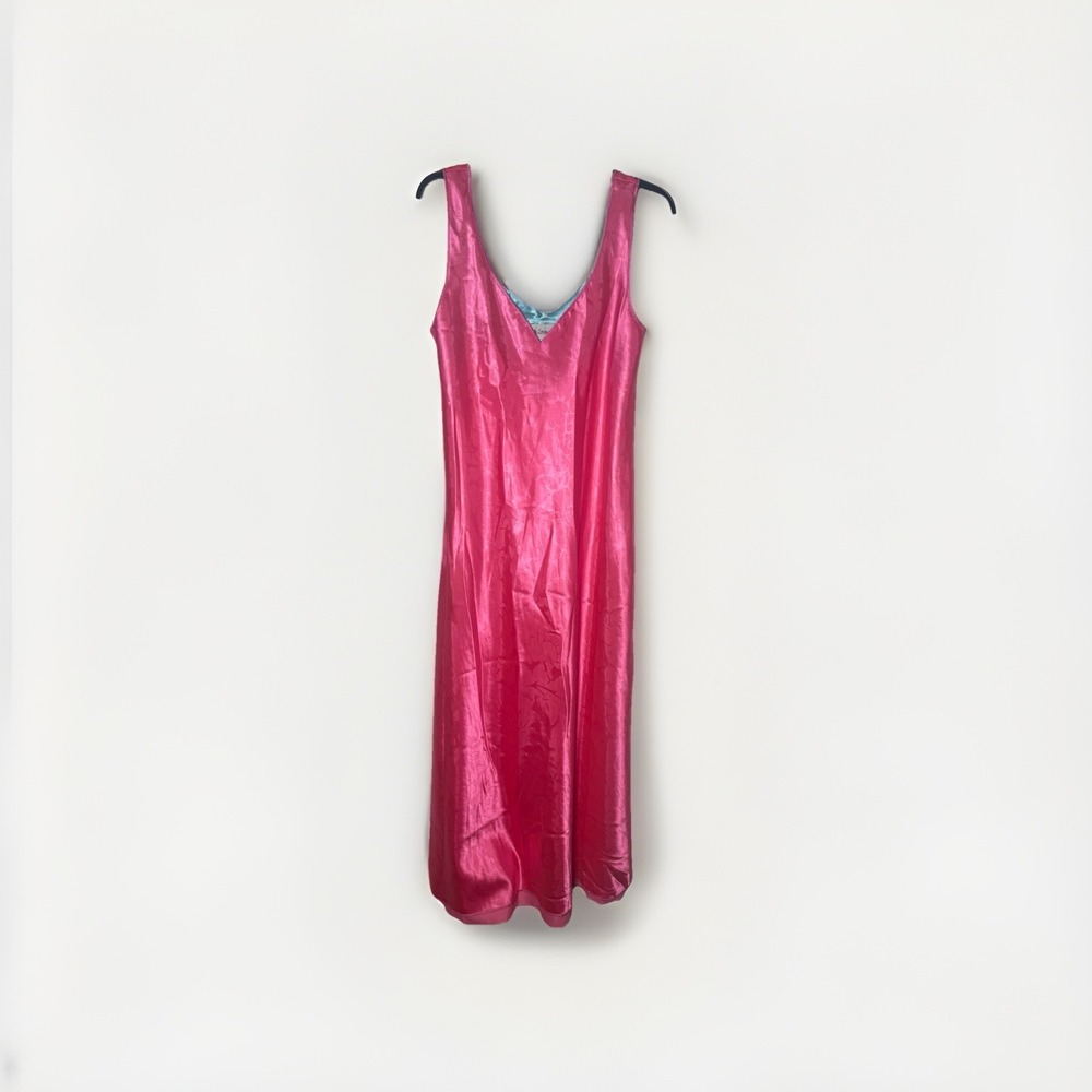 Fernando Sanchez Vtg Maxi Pink Floral Satin Slip Dress Size Large Rare‎
